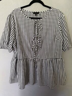Tamara H Gingham Peplum Blouse 1X Black White Tie Front